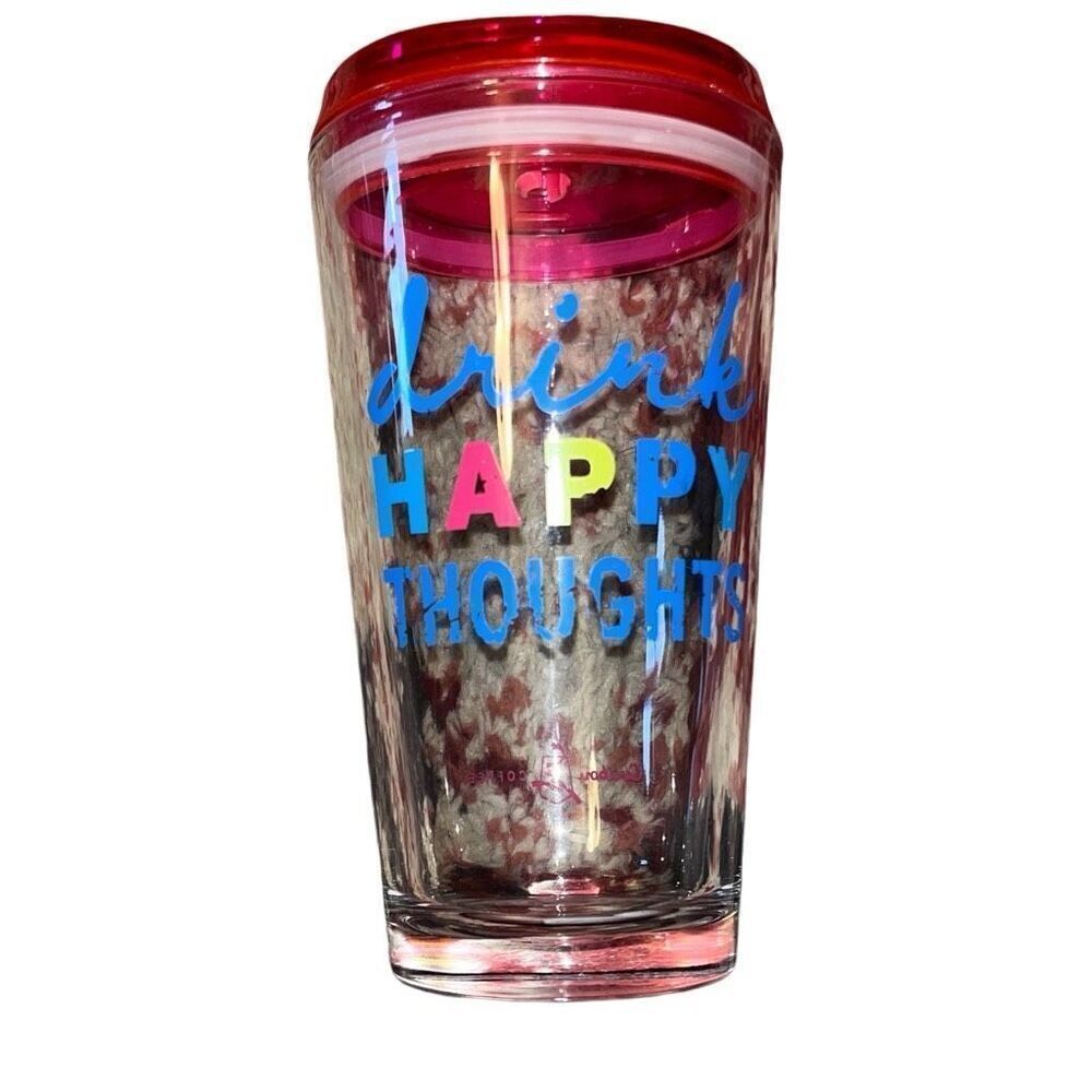 New “Drink Happy Thoughts” Caribou Coffee Glass w/Lid